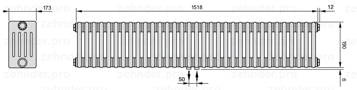 Схема (чертеж) Радиатор Zehnder Charleston 5019/33 №5410 Белый глянцевый RAL 9016